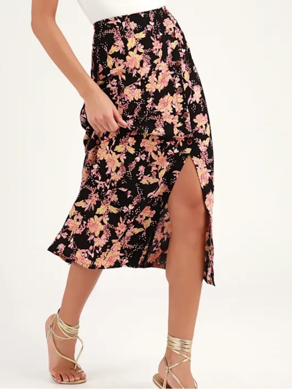 Free People Retro Love Black Floral Maxi Skirt With Buttons & Side Slit - 4